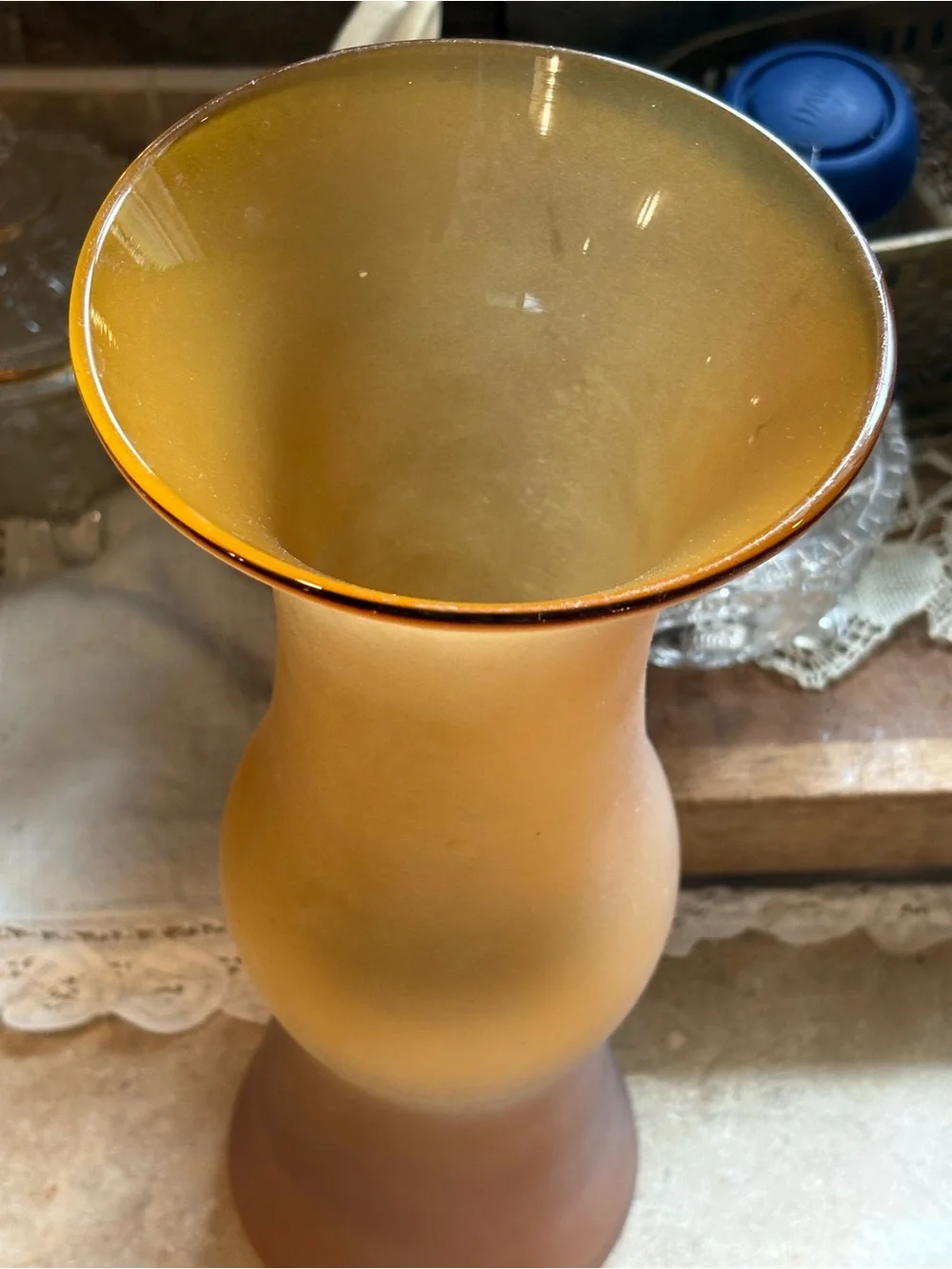 Vintage Blenko 12” Amber Frosted Satin Art Glass Vase Hand Blown MCM Label USA